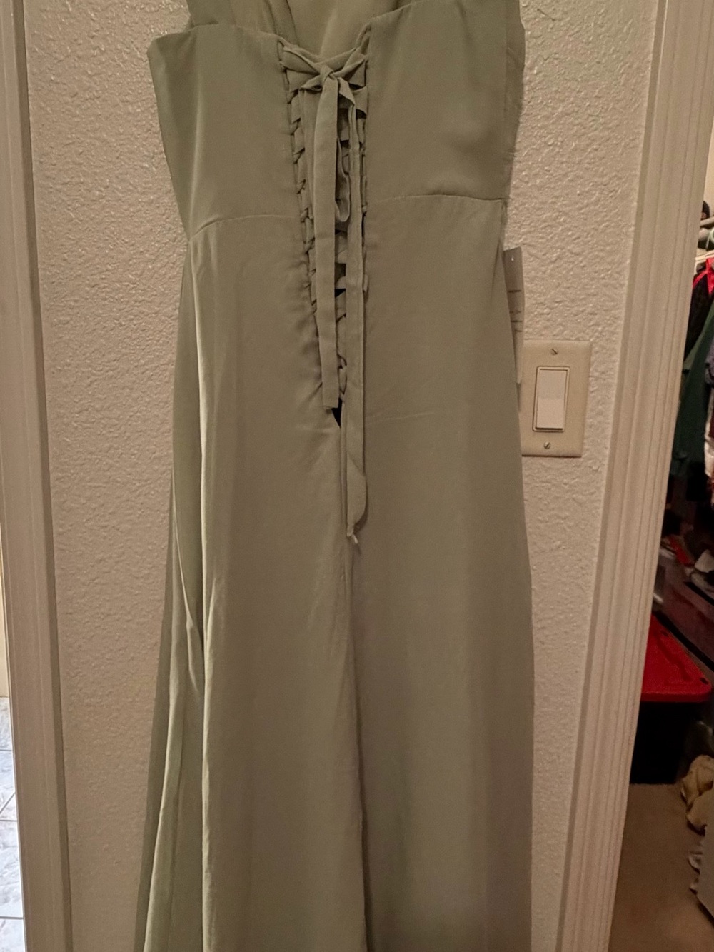 Olive Green Ruched Chiffon Maxi Dress with Side Slit - Picture 4 of 4